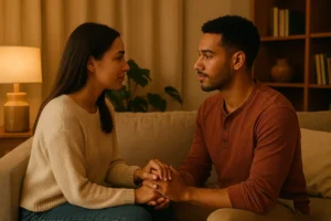 Pareja joven sentada en un sofá, tomados de las manos y mirándose con afecto durante un ejercicio de conexión emocional guiado por Tu Sentido