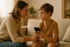 Madre arrodillada frente a su hijo con un celular, reflejando límites amorosos.