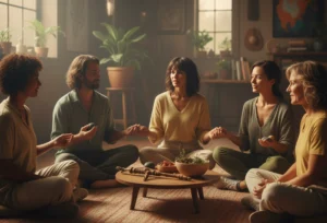 Personas en círculo conversando en un espacio cálido, simbolizando comunidad y propósito.