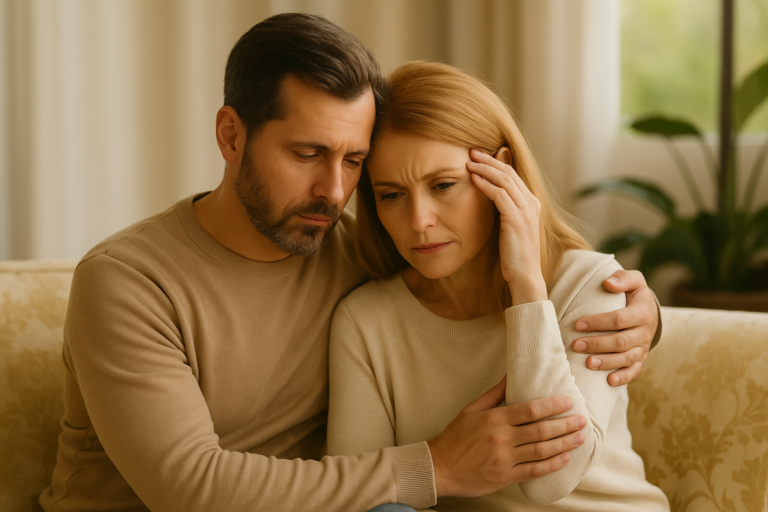 Pareja adulta en tonos cálidos, mirándose con serenidad, simbolizando equilibrio emocional y reflexión sobre vínculos afectivos.