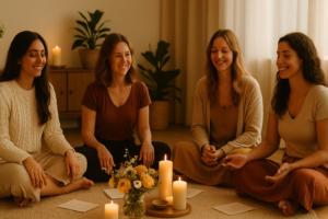 Mujeres reunidas en un círculo cálido con luz natural, compartiendo un momento de conexión y gratitud al final del año.