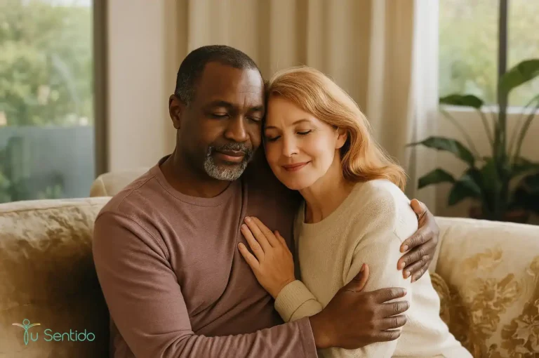 Pareja abrazándose representando amor sostenible y vínculos saludables según la Teoría General de los Sistemas